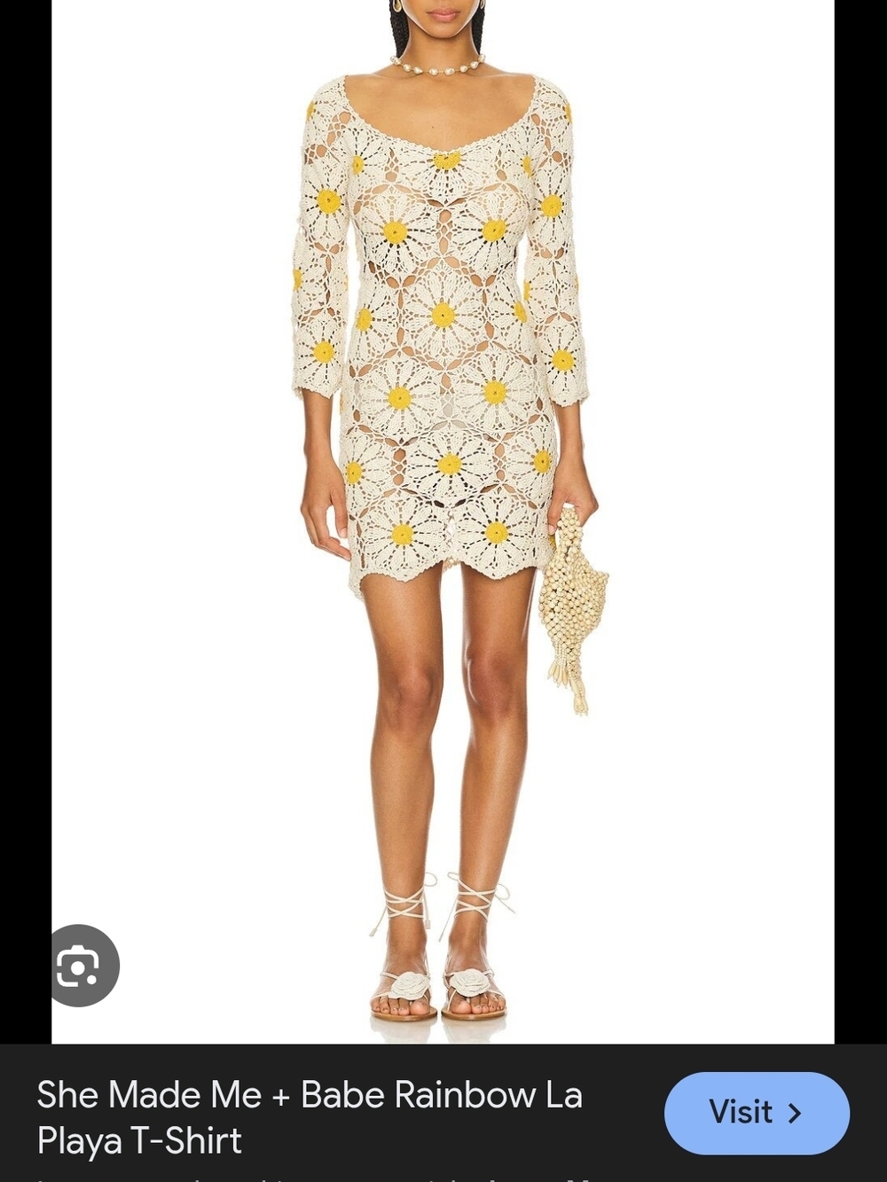 SHE MADE ME Cream Crochet Mini Dress with Yellow Daisy Centers